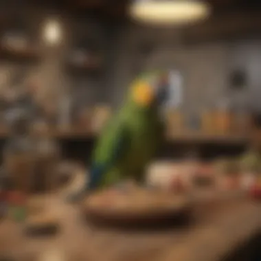 Optimal Feeding Practices An organized feeding station with various food options for parrots.