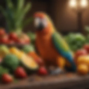 A colorful display of fresh fruits and vegetables ideal for parrots.