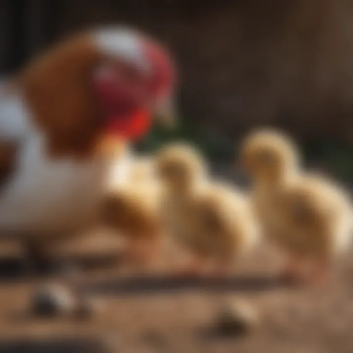 Healthy Brown Leghorn chicks feeding