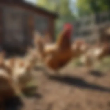 A spacious chicken run with chickens roaming freely