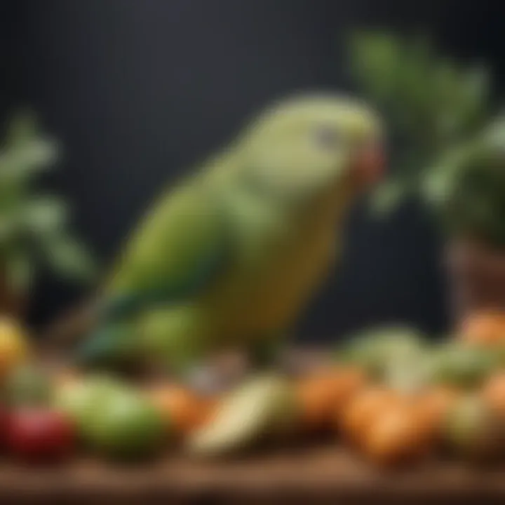 A variety of fresh fruits and seeds suitable for parakeet nutrition.