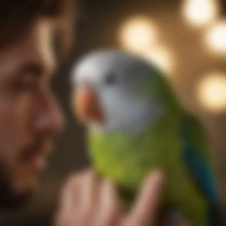 A close-up of a parakeet being gently groomed by its owner.