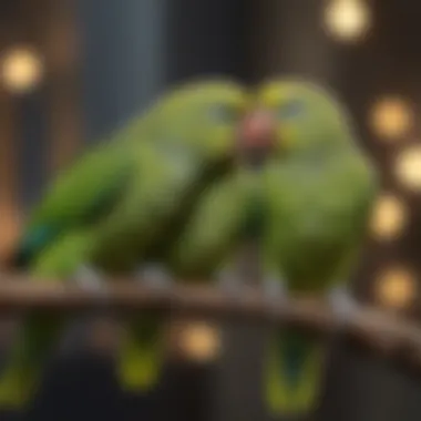 Two parakeets interacting playfully, showcasing their social behavior.