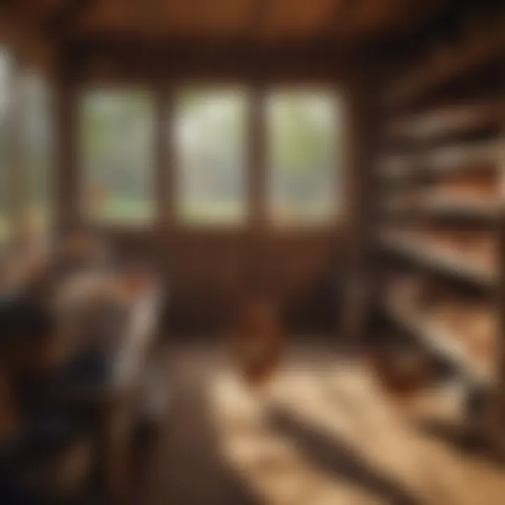 Interior view of an organized chicken coop