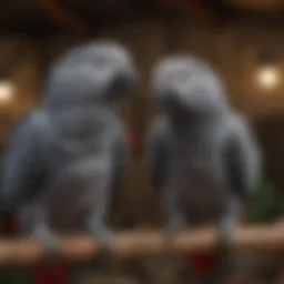 A pair of African Grey parrots in a serene aviary setting