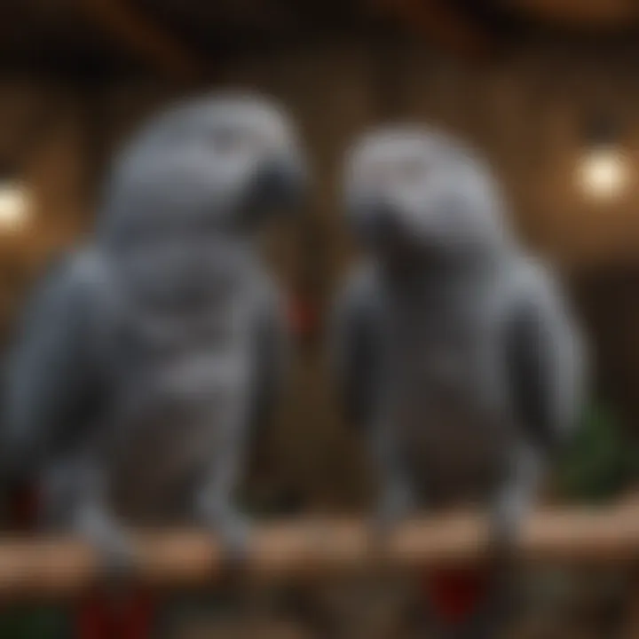A pair of African Grey parrots in a serene aviary setting