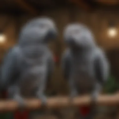 Breeding Pairs of African Grey Parrots A pair of African Grey parrots in a serene aviary setting