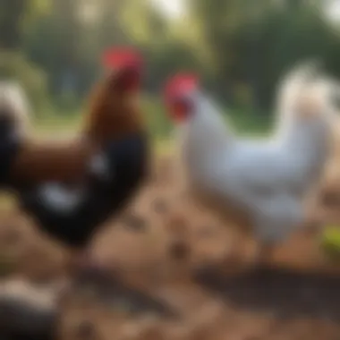 Bantam chickens interacting in a free-range environment