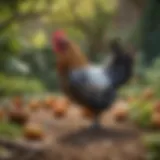 Diverse breeds of bantam chickens in a garden setting
