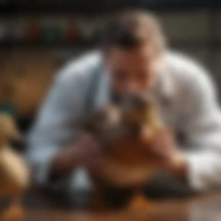 A veterinarian examining a duck for health check