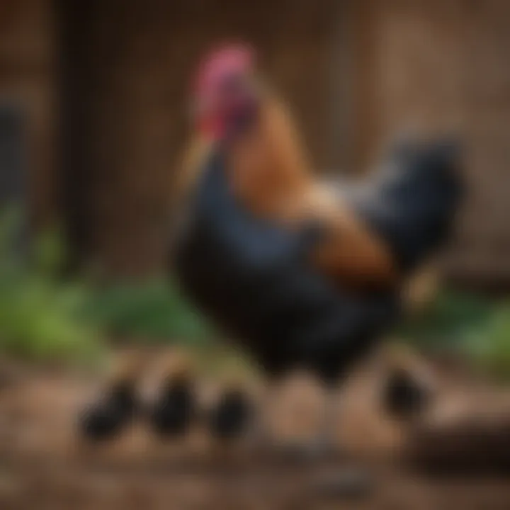 A Black Copper Maran hen with her chicks in a homesteading environment.