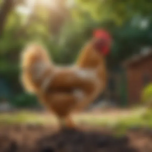 A variety of chicken breeds in a lush backyard setting
