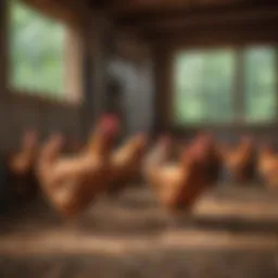 Rhode Island Red chickens in a sunny coop