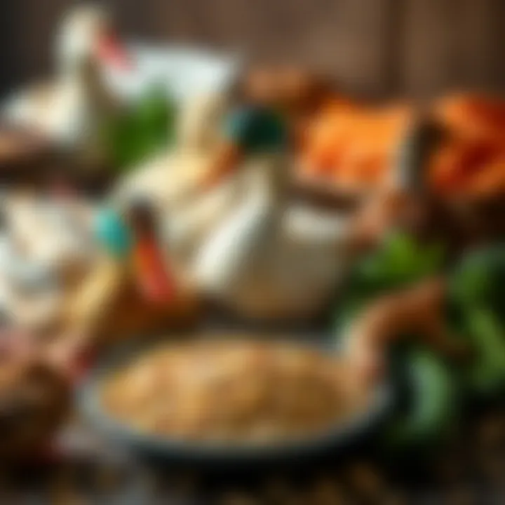 A variety of duck food including grains and vegetables
