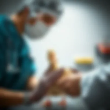 A duck being examined by a veterinarian