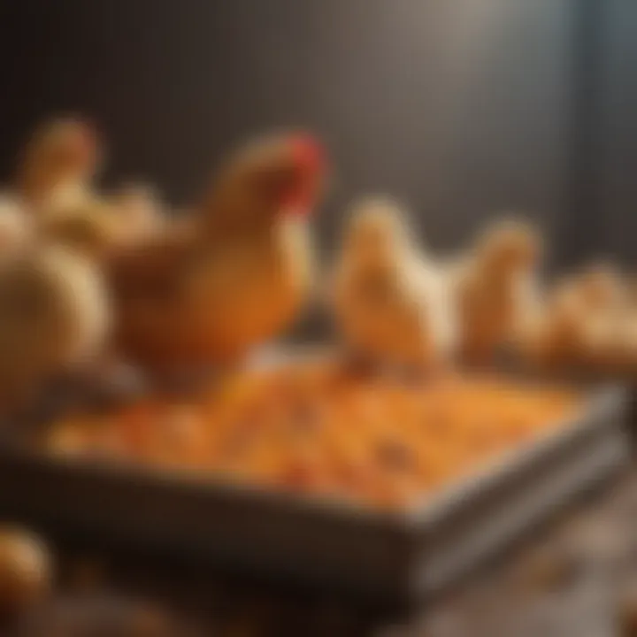 Different types of chick feeds arranged in a colorful display