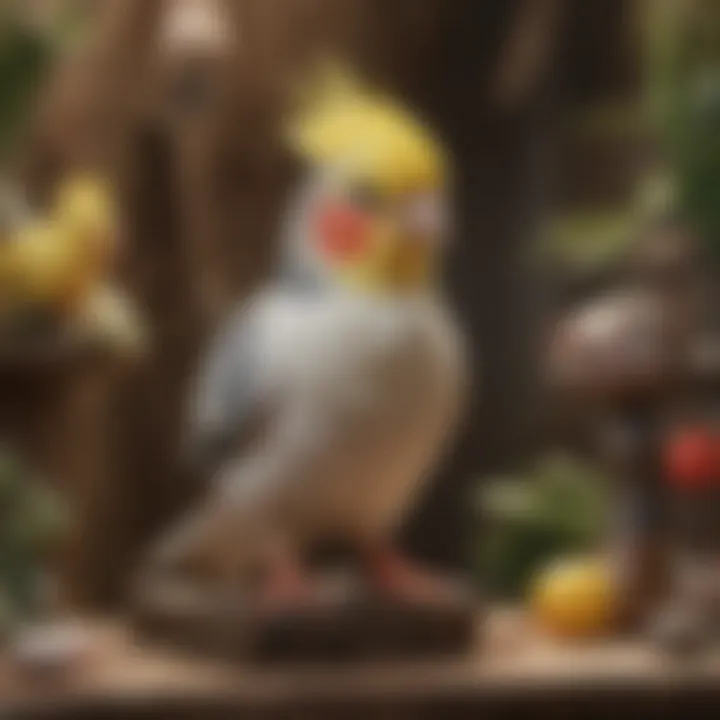 A well-arranged cockatiel habitat featuring toys and perches.