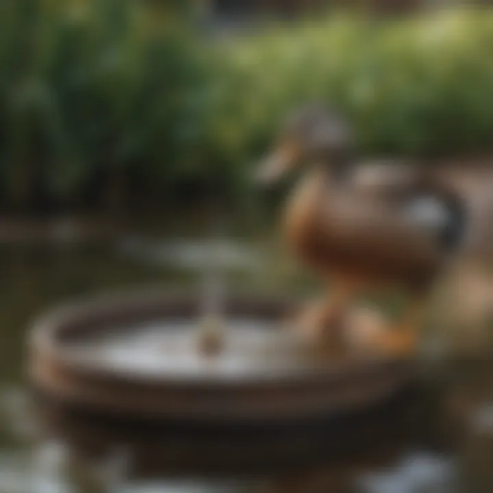 Close-up of a duck using a feeder with water
