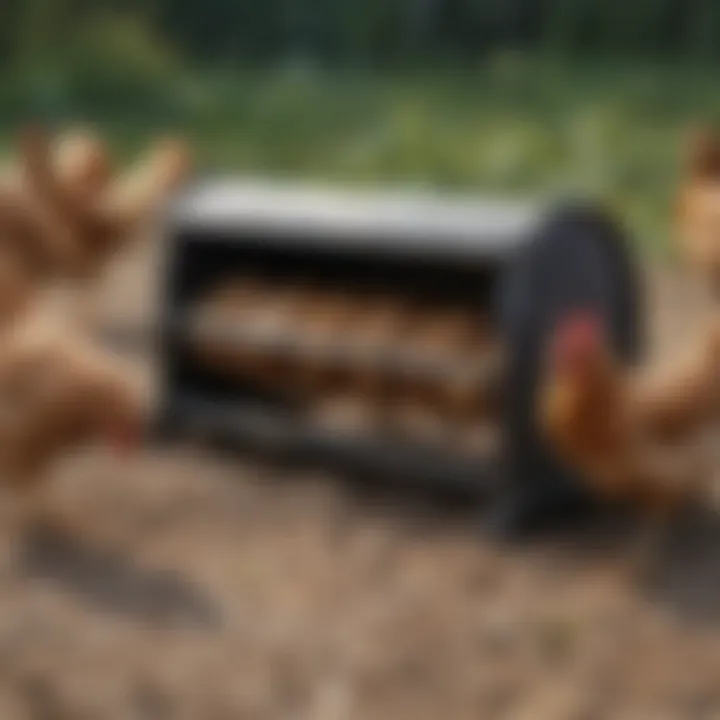 Chickens feeding from a ground-based feeder