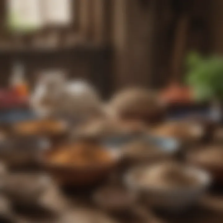 A variety of goat feed ingredients displayed in bowls