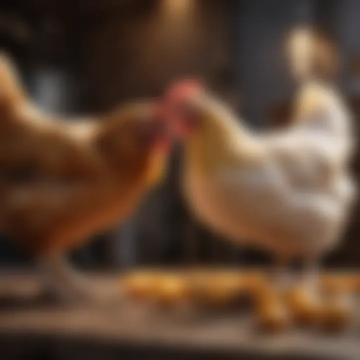 Vibrant Isabrown chicken with a farmer during feeding time