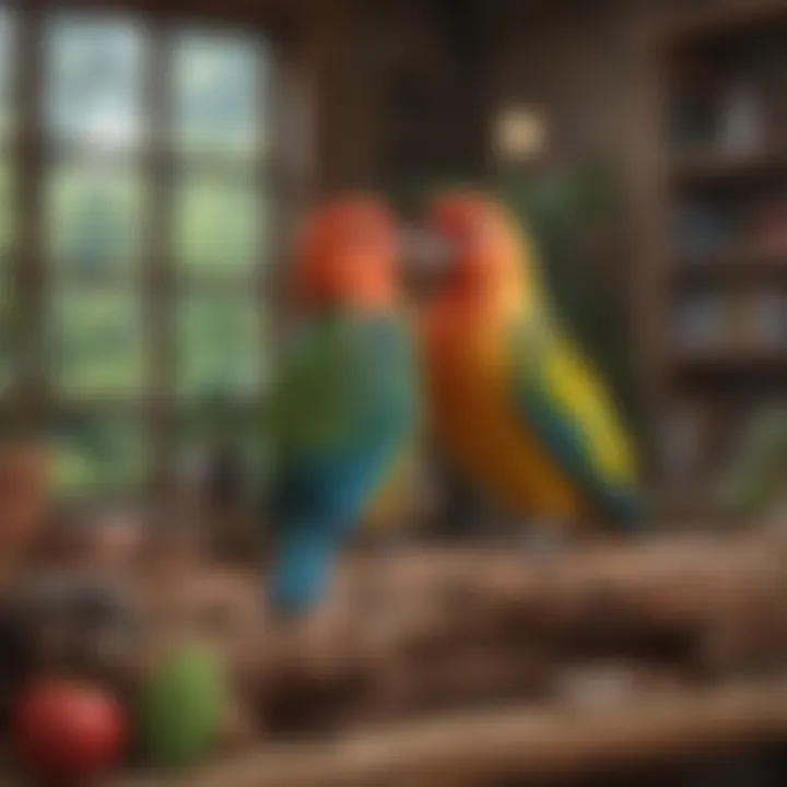 A well-arranged love birds habitat filled with toys and perches