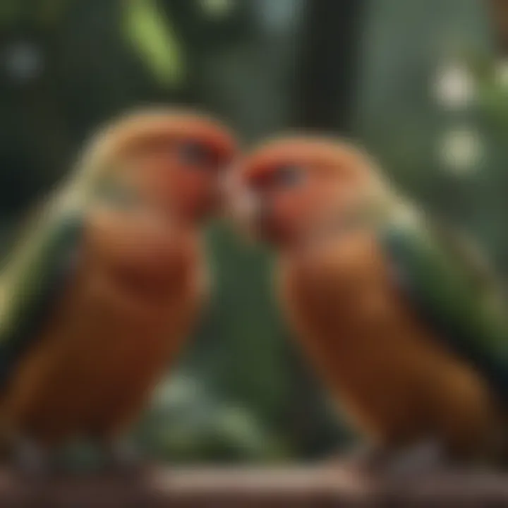 A close-up of love birds engaging in social interaction