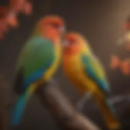 A pair of love birds perched together, showcasing their vibrant plumage