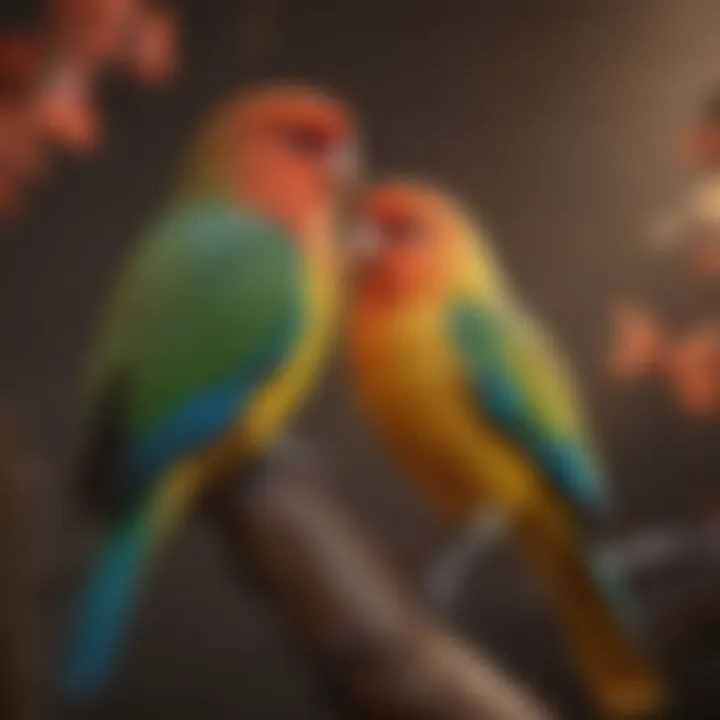 A pair of love birds perched together, showcasing their vibrant plumage