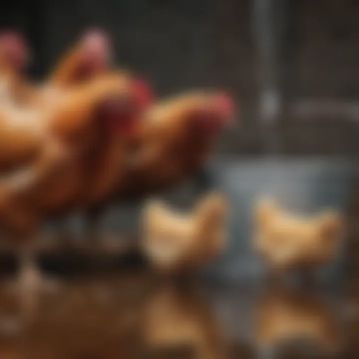 Close-up of waterer with chickens drinking