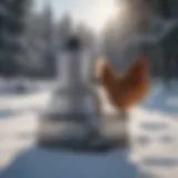 Heated chicken waterer in snowy landscape