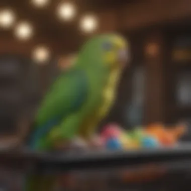 Colorful enrichment toys inside a parakeet cage