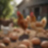 A diverse selection of egg-laying chicken breeds in a sunny farmyard.