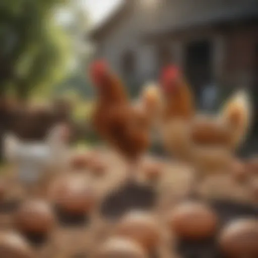 A diverse selection of egg-laying chicken breeds in a sunny farmyard.