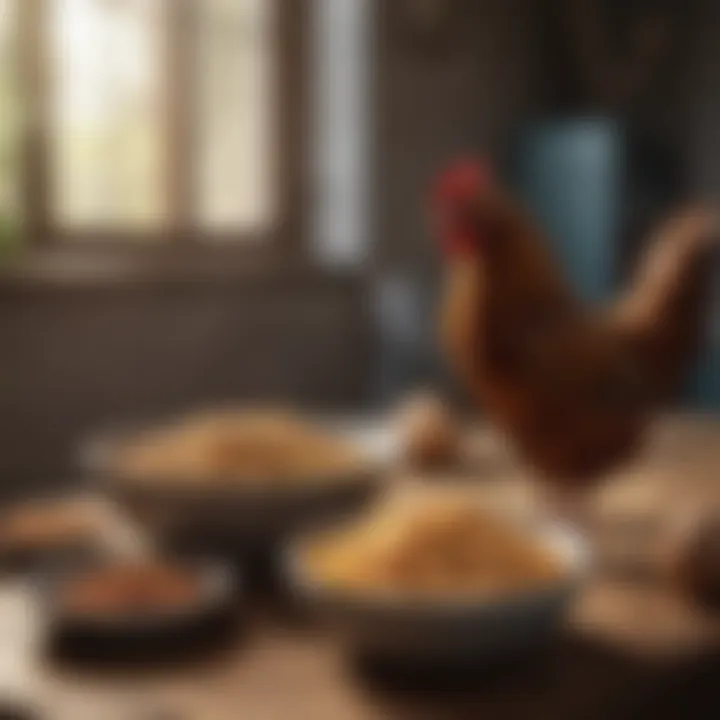 Nutritional feed for chickens displayed in bowls