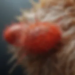 Close-up view of red mites on a chicken feather