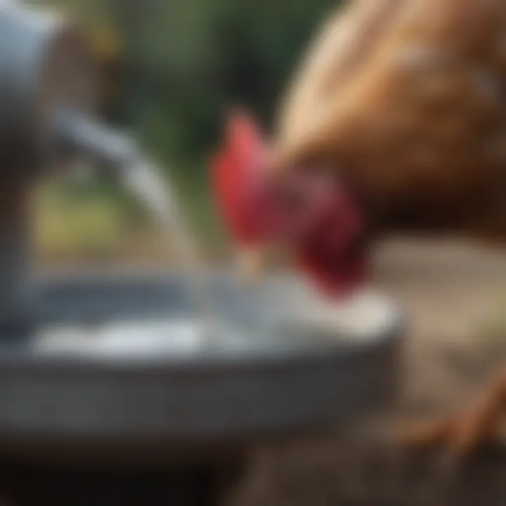 Close-up of a chicken drinking from a water feeder