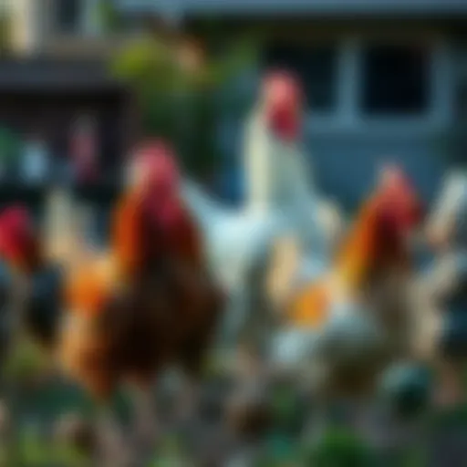 A variety of chicken breeds in a backyard setting