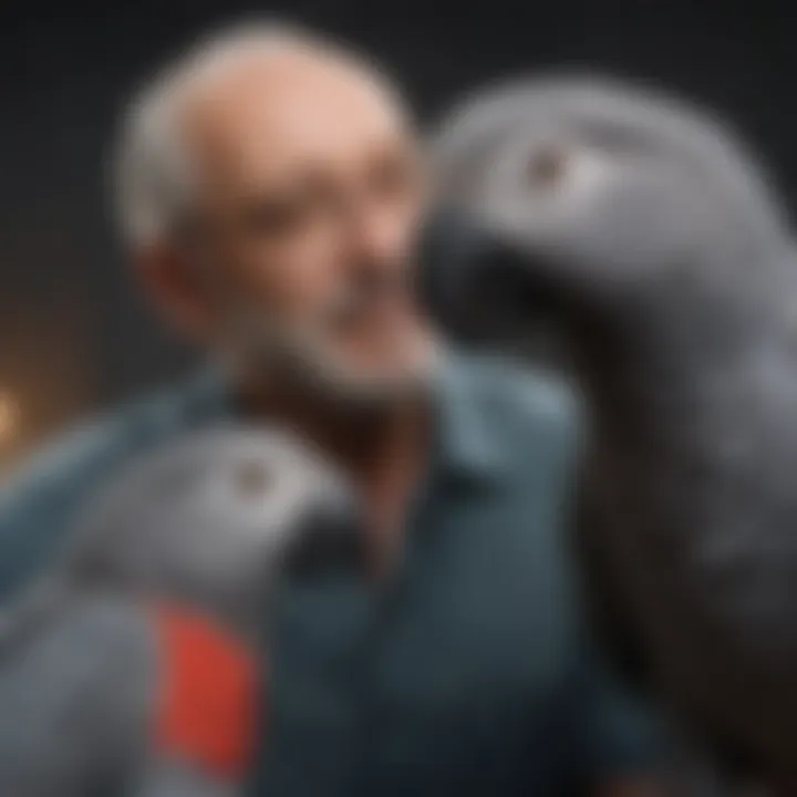 A joyful Congo African Grey parrot interacting with its owner