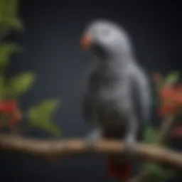 Congo African Grey parrot perched on a branch, showcasing its striking plumage