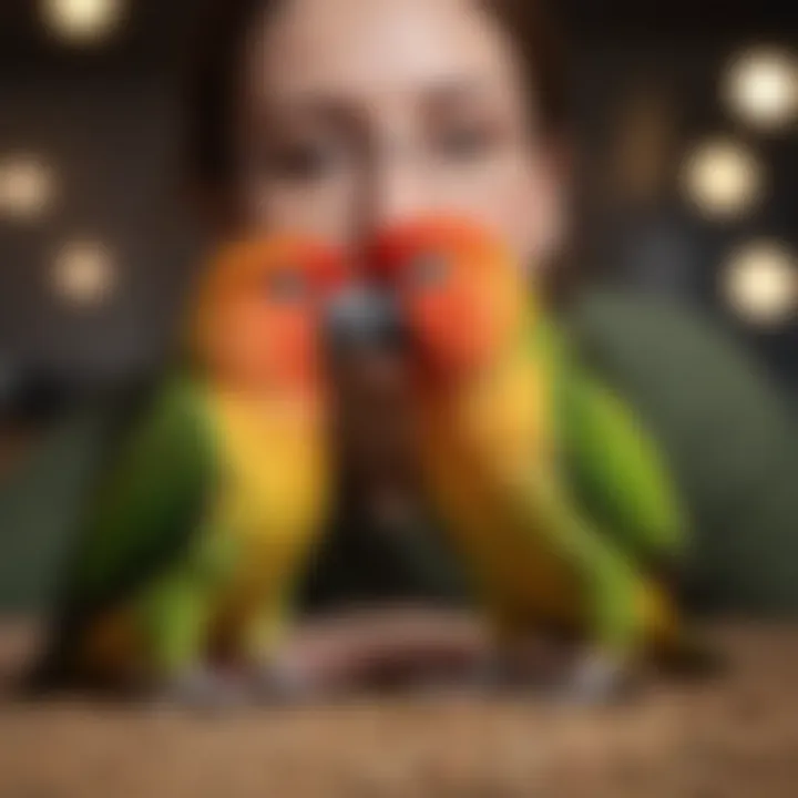 Conures interacting playfully with their owners