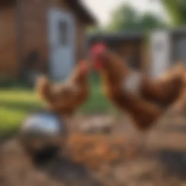 Chickens pecking at scratch feed in a sunny backyard