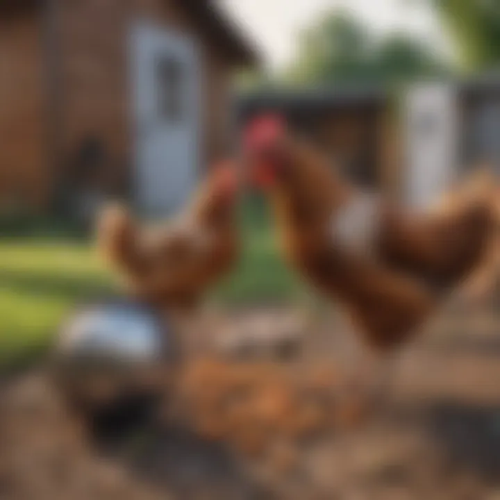 Chickens pecking at scratch feed in a sunny backyard