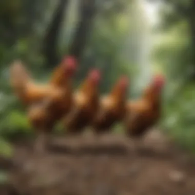 A group of Croad Langshan chickens roaming freely in a lush green environment.