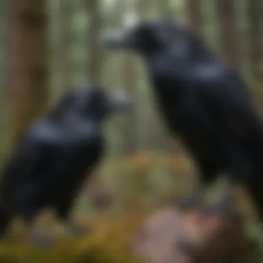 A raven and a crow interacting in their natural habitat, showcasing behavior differences.