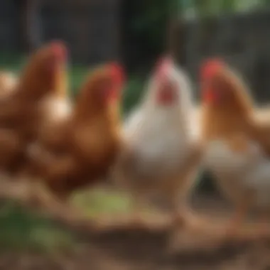 A variety of chicken breeds in a sunny yard