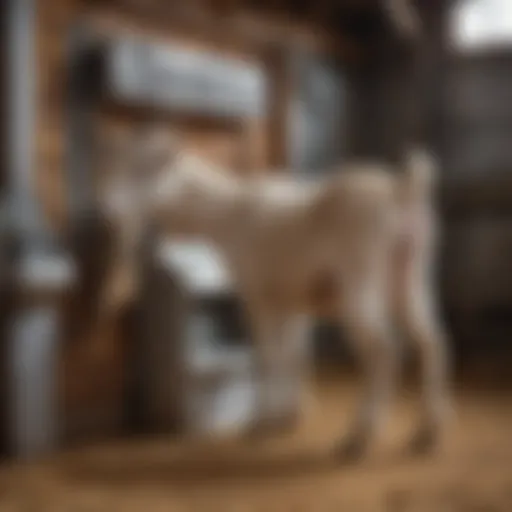 A well-designed dairy goat milking stand in a barn setting
