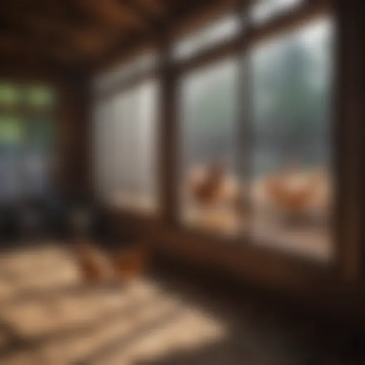 A well-ventilated chicken coop with open windows and airflow considerations