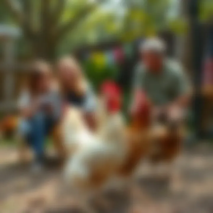 A family enjoying time with their chickens in the backyard