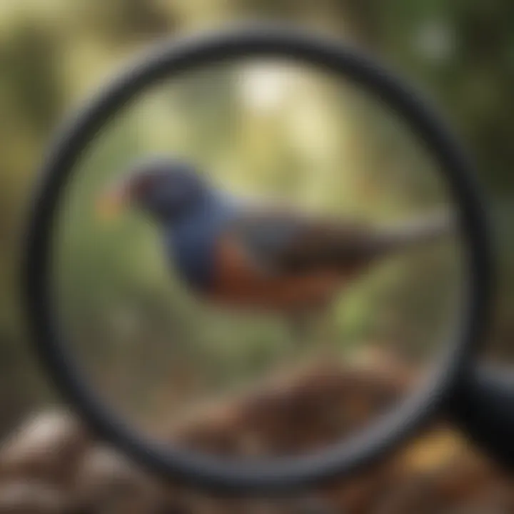 Illustration of common avian parasites under a magnifying glass.